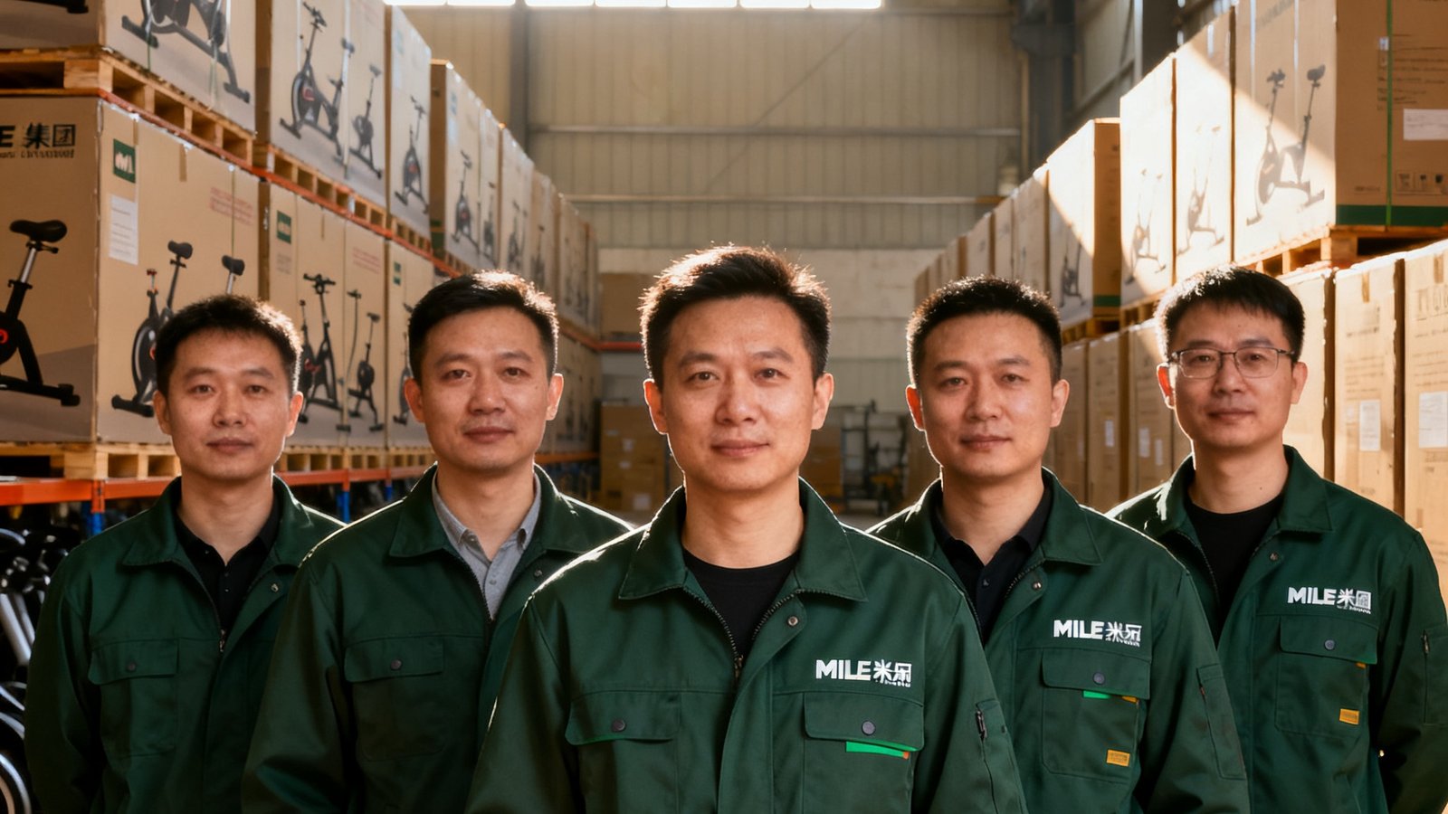 MILE米乐集团创始团队在仓储基地的合影，背景是整齐码放的大型健身器材包装箱，前景中五位核心成员穿着印有公司标志的深绿色工装夹克，神情专注而自信，阳光透过高窗照亮整个场景。