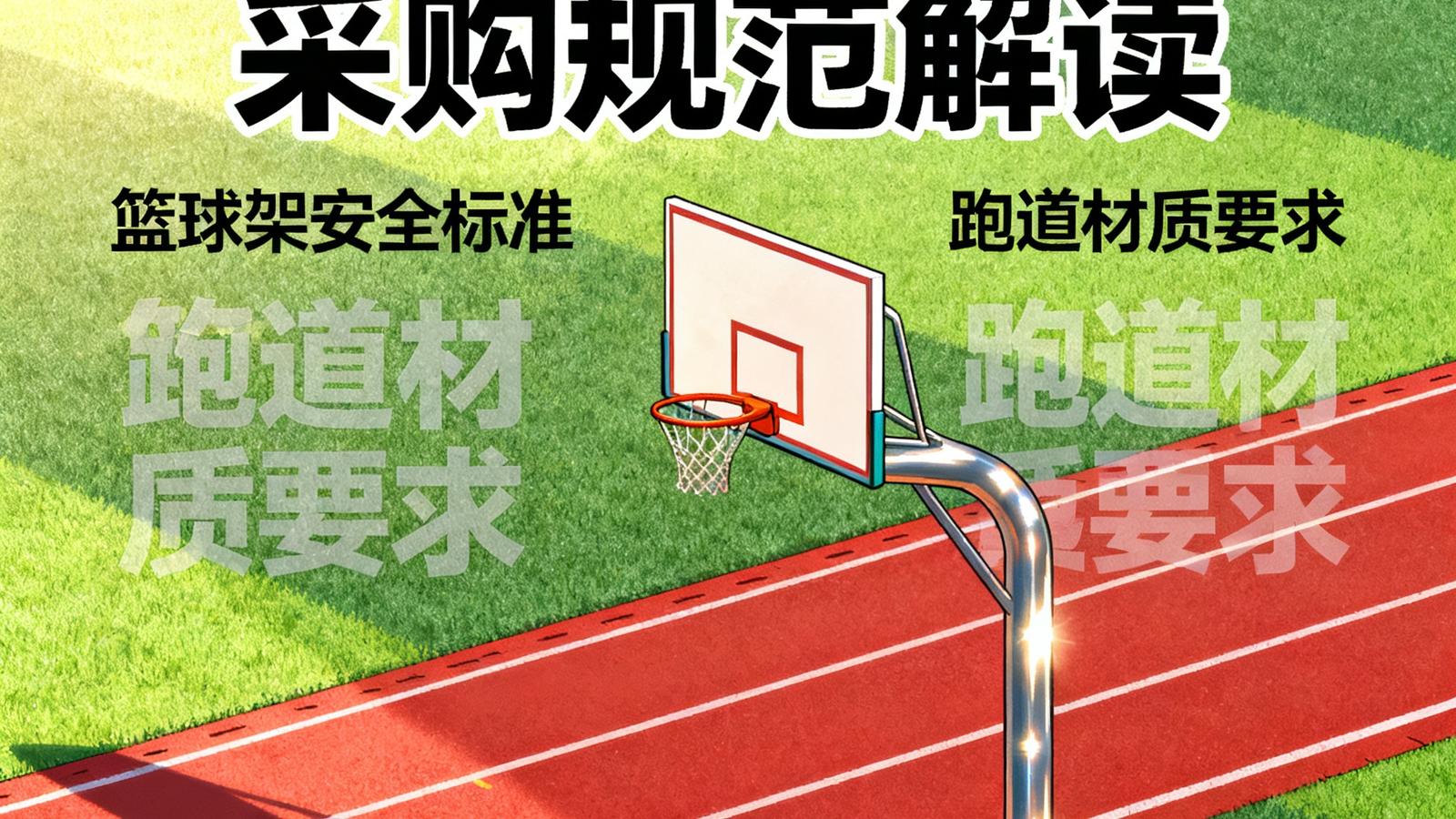 中小学体育器材采购规范解读，图片显示学校操场上的篮球架和跑道。