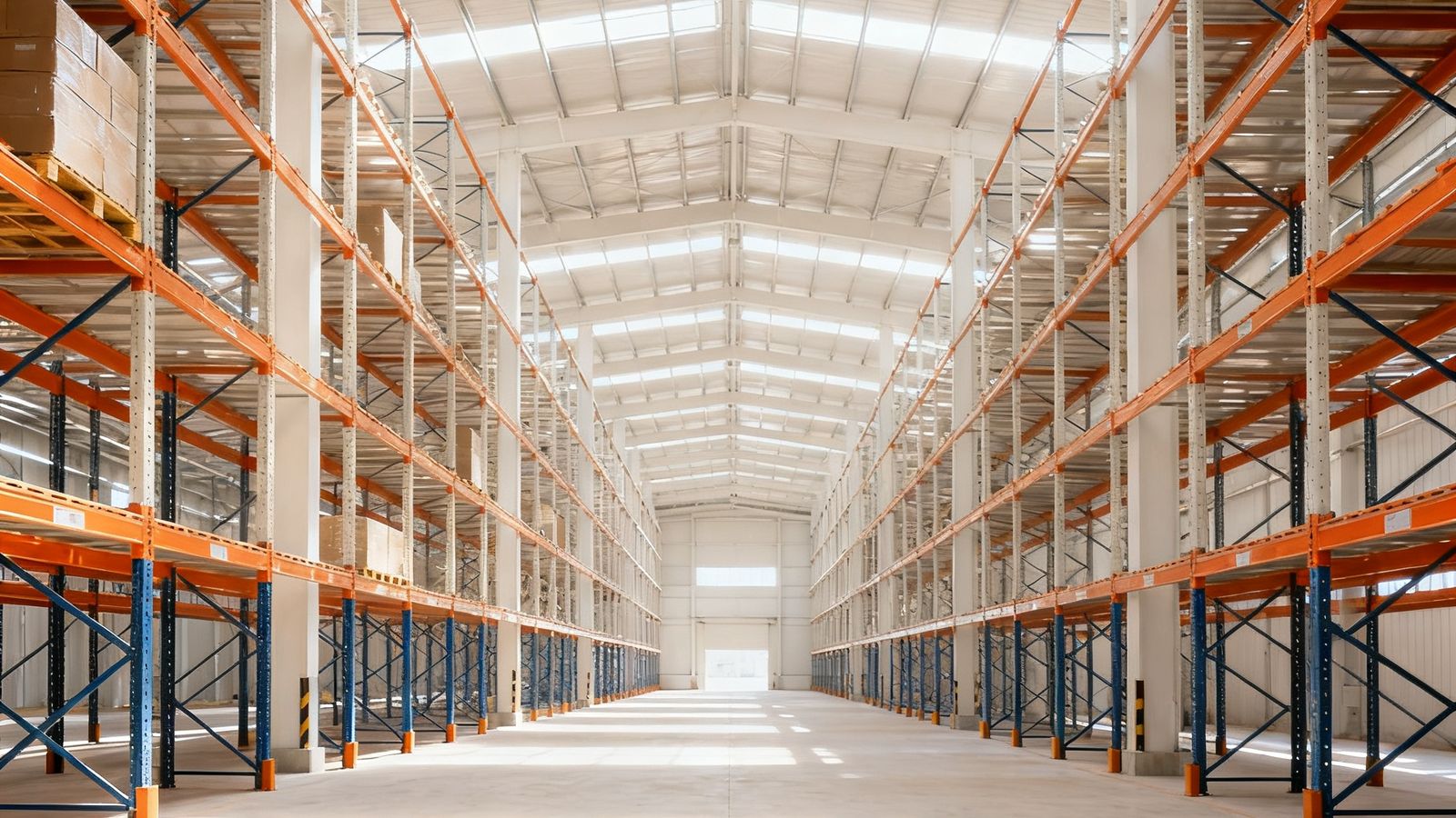 郑州仓储中心扩建后的内部实景照片，新货架区域宽敞明亮。