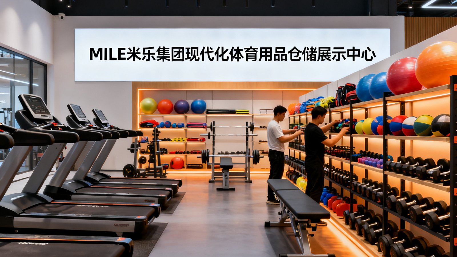 MILE米乐集团现代化体育用品仓储展示中心，宽敞明亮的展厅内整齐陈列着跑步机、举重床、哑铃架及各色球类装备，暖色调灯光烘托出专业氛围，两名工作人员正在整理货架。
