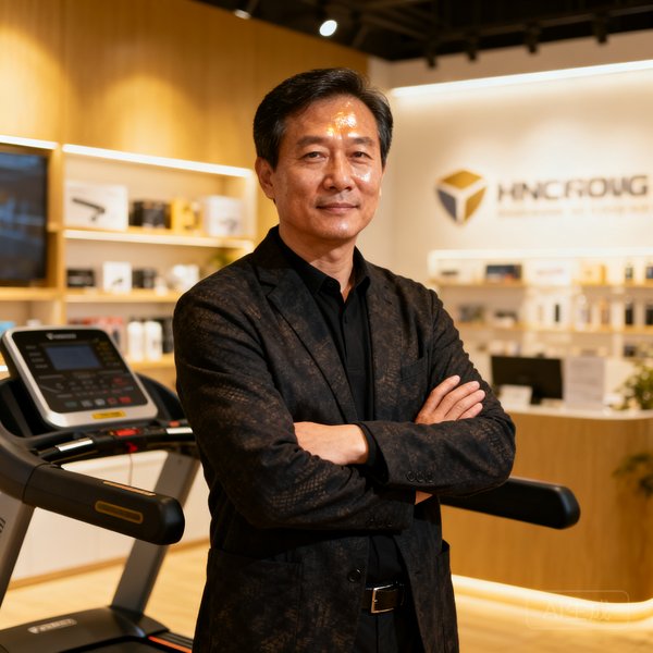 周铭远创始人照片，四十岁左右男性，穿着深色商务休闲装，双臂交叉站立在公司展厅的跑步机旁，表情沉稳自信。