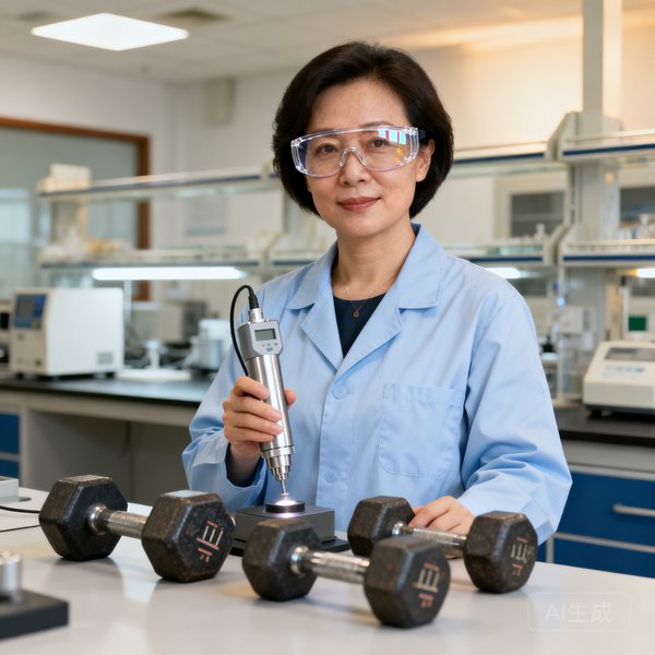 林晓彤技术总监照片，三十五岁左右的女性，戴着防护眼镜在质检实验室中手持检测仪器，面前摆放着待检测的哑铃样品。