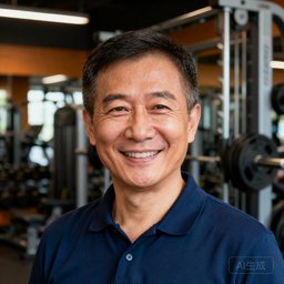 陈志宏先生头像照片，中年男性，短发，穿着深蓝色Polo衫，面带微笑，背景为健身房器械区。