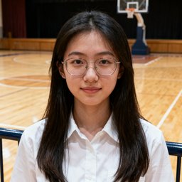 李敏华女士头像照片，戴眼镜的年轻女性，长发披肩，身穿白色衬衫，站在学校体育馆篮球场边。