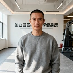 王骏先生头像照片，三十多岁的创业者，留着利落的寸头，穿着灰色卫衣，身后是创业园区共享健身房的明亮空间。